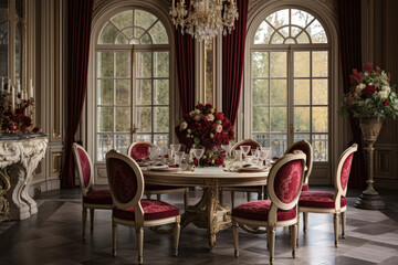 Fototapeta na wymiar Elegant dining room with refined ambiance, classic furnishings, and stylish decor in Burgundy and Cream colors, creating a luxurious and inviting space with cozy upholstered chairs