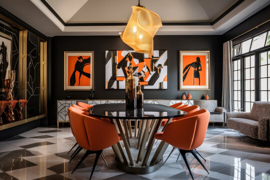Fototapeta Stunning retro artistry: a dining room exuding opulence and sophistication with bold geometric patterns, metallic accents, and vintage decor, creating an elegant ambiance and nostalgic vibes.