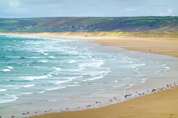 Beach of Siouville-Hague, at low tide a surfers resort in the Cotentin region of Normady, France