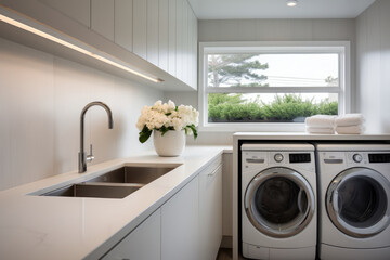 Fototapeta premium Efficient and Calming Coastal Laundry Room with Sleek Design, Neutral Colors, and Convenient Storage Solutions for a Beach-Inspired, Clutter-Free and Relaxing Laundry Routine.