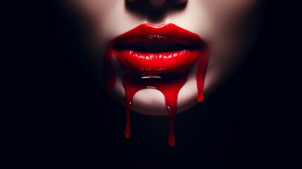 Beauty Sexy Vampire red lips with dripping blood close up