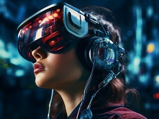 A hyperrealistic photograph of a woman using digital future device technology googles headset looking into the world of metaverse augmented reality - obrazy, fototapety, plakaty