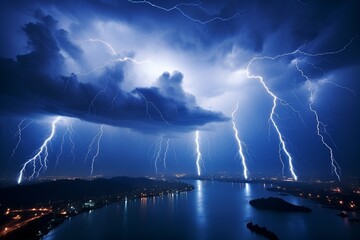 Naklejka na ściany i meble Captivating Thunder and Lightning Illuminating the Night Sky with Dramatic Energy