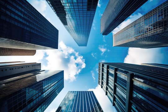 Wallpaper Desktop Background Photo Offers Unique Perspective Of Modern Office Buildings And Skyscrapers, Captured From Below Against Blue