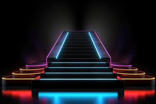 Abstract Concept Represented By 3D Of Futuristic Stage Podium Illuminated By Colorful Neon Rgb Led Lights, Set Against Dark Black Background, Complete With Stair Levels As - Powered by Adobe