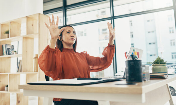 Computer, invisible screen and business woman in office for user interface, 3d hologram and ux mockup. Futuristic, corporate and person at desk with hands for research, online website or digital tech