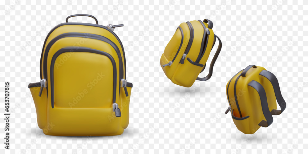 Poster realistic yellow backpack with black zippers. vector object in different positions. bag of schoolboy