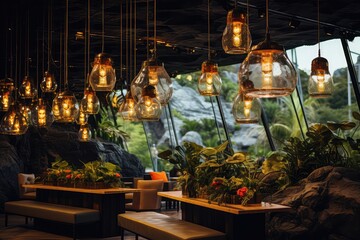 A Bunch Of Lights Hanging From The Ceiling Of A Restaurant