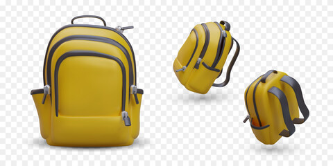 Realistic yellow backpack with black zippers. Vector object in different positions. Bag of schoolboy, student, view from different sides. Color icons for web design
