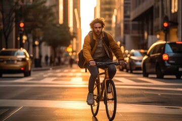 In The Golden Hour Of The Day, Young American Man Enjoys Bicycle Ride Through City Street, With The Cityscape In The Background Casting Blur Of Motion