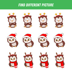 Find different owl in each row. Logical game for kids. Cartoon cute owlet. Winter Christmas game. Xmas activity.