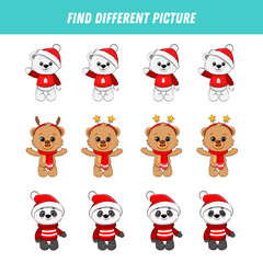 Find different bear in each row. Logical game for kids. Cartoon cute panda, teddy bear, polar bear. Christmas game.