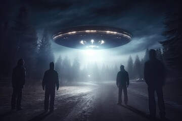 Mysterious Extraterrestrial Beings Standing Before Unidentified Flying Object Ufo On Earth