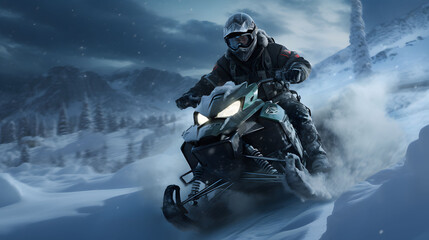 Extremely fast snowmobile rider in the winter mountains. Young man riding a snowmobile in the winter forest. - obrazy, fototapety, plakaty