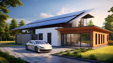3D render of a modern house with solar energy panels and a electric car. Renewable energy concept. - obrazy, fototapety, plakaty