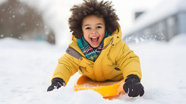 Little african american boy sliding on snow in winter. Kid playing outdoors.