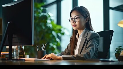 Portrait of young asian business analyst typing at modern computer sitting at her workplace in light office. Beautiful style illustration. Generative AI