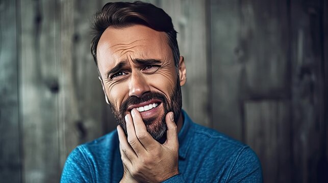Man with sensitive teeth touching his cheek. Beautiful style illustration. Generative AI