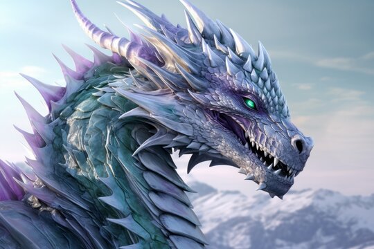 White metal dragon with purple and green color. Close-up