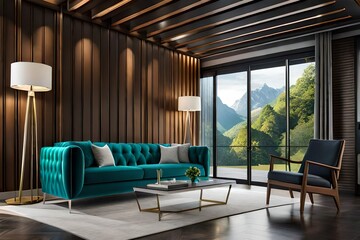 wooden back wall with blue luxury sofa with side window