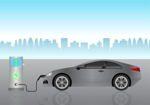 Electric car or EV car charging at  Charging Station in the City. Green Energy or Eco-friendly Concept. Futuristic Transportation Concept. Vector Illustration. 