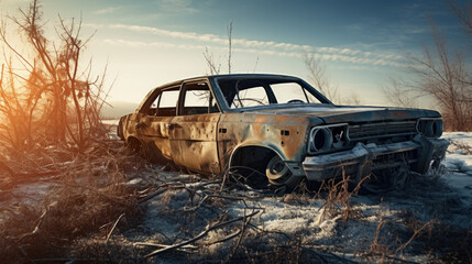 Old abandoned rusty vehicle, crushed car in scrapyard, junk yard - obrazy, fototapety, plakaty