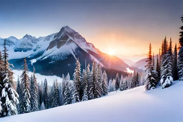 Schilderijen op glas sunrise in the mountains in winter © Image Studio