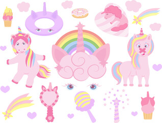 Set of cute unicorns, illustration of desset, magic wand, zarkala, collection of pink things, vector illustration, eps 10