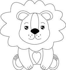 Lion cub with a seedling, a lion with a heart, a lion in love, a kind lion with a smile, a cute little lion, color drawing,  vector illustration EPS10