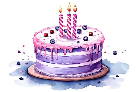birthday cake on white background in watercolor, in the style of speedpainting, paint dripping technique, light magenta and light indigo. Generative AI