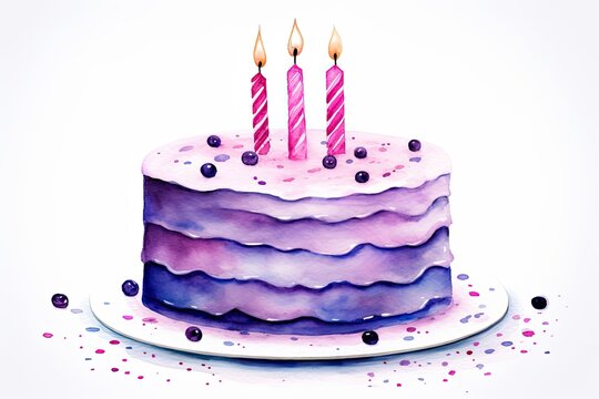 birthday cake on white background in watercolor, in the style of speedpainting, paint dripping technique, light magenta and light indigo. Generative AI