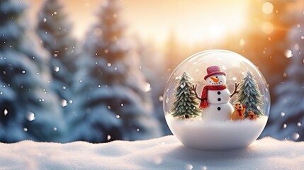 Fototapeta na wymiar A Christmas glass sphere resting on snowy ground, containing a snowman within. A wintry scene. Generative AI