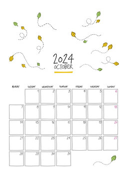 October 2024 wall calendar. Sketch style. Printable A4 portrait template.