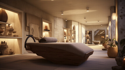 Stylish room interior with massage table in spa salon. - obrazy, fototapety, plakaty