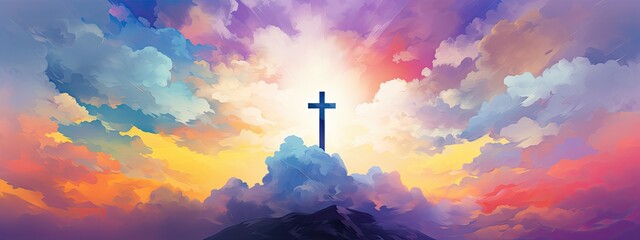 Christian easter. Conceptual religious symbol on a colorful sky at sunset. Generative AI