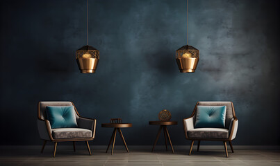 small office design furniture set with golden chairs and a lamp, in the style of dark cyan and indigo - obrazy, fototapety, plakaty