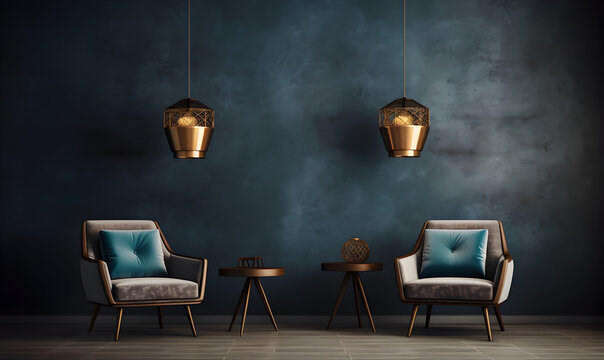 small office design furniture set with golden chairs and a lamp, in the style of dark cyan and indigo