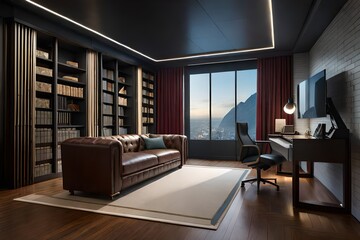 modern living room with book shelves 