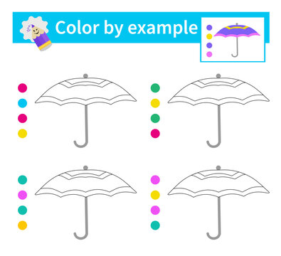 Educational game for children. Coloring pages. Color by example. Illustration of an umbrella.