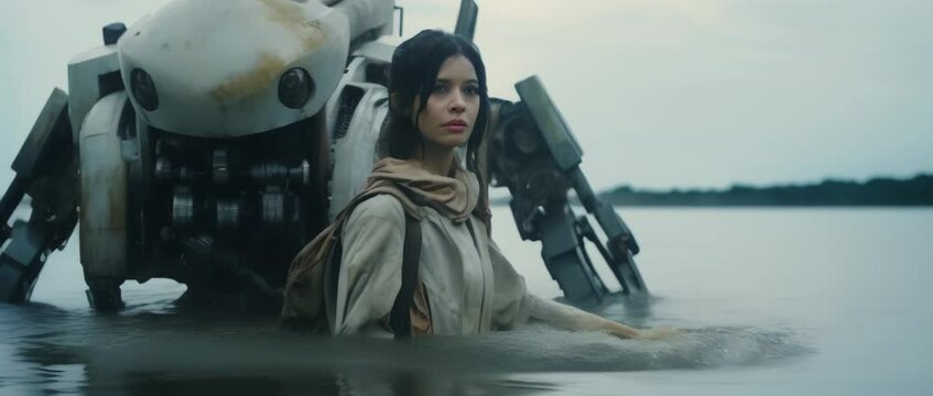 A cyberpunk girl trespassing a river with big robot. Sci-fi concept. Anamorphic 4K footage