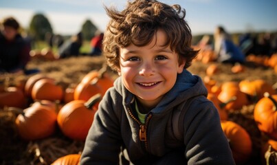 Beautiful little boy helping to harvest pumpkins growing in field patch on sunny autumn day. Happy cute child lokiing at camera, chooses pumpkin at farm market for Halloween or Thanksgiving Day. - obrazy, fototapety, plakaty