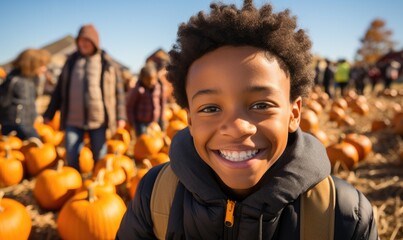 Portrait of happy black boy in pumpkin patch in autumn. Smiling African American child lookiing at camera, chooses pumpkin at farm market for Halloween or Thanksgiving Day.