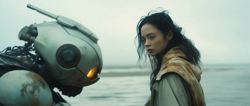A cyberpunk girl trespassing a river with big robot. Sci-fi concept. Anamorphic 4K footage