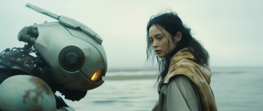 A cyberpunk girl trespassing a river with big robot. Sci-fi concept. Anamorphic 4K footage