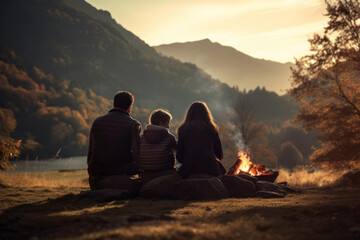 Family sitting at campfire in evening during mountain trip. People having fun sitting at bonfire looking at mountain landscape. Family time. Weekend trip - obrazy, fototapety, plakaty