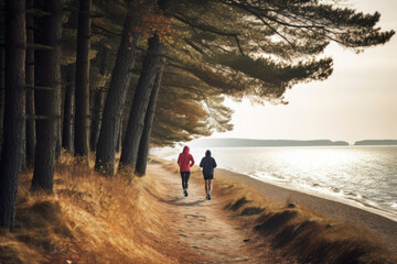 Man and woman jogging at the seaside. Running by the sea. Active people. Cardio training. Physical fitness. Cardio workout. Healthy lifestyle. Daily routine - obrazy, fototapety, plakaty