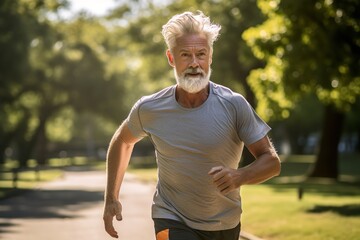 Portrait of a senior man in fitness wear running in a park