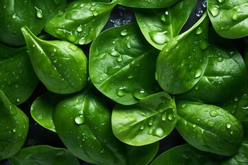 Fototapeta premium The seamless background of fresh a bundle of fresh spinach is adorned with sparkling water droplets. 