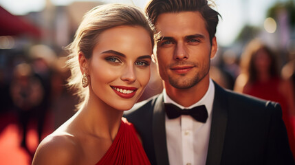 Couple of stars on celebrity red carpet. Festive award ceremony event