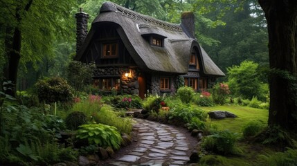 Fototapeta na wymiar Enchanting Fairy Tale Cottage in a Tranquil Forest Clearing
